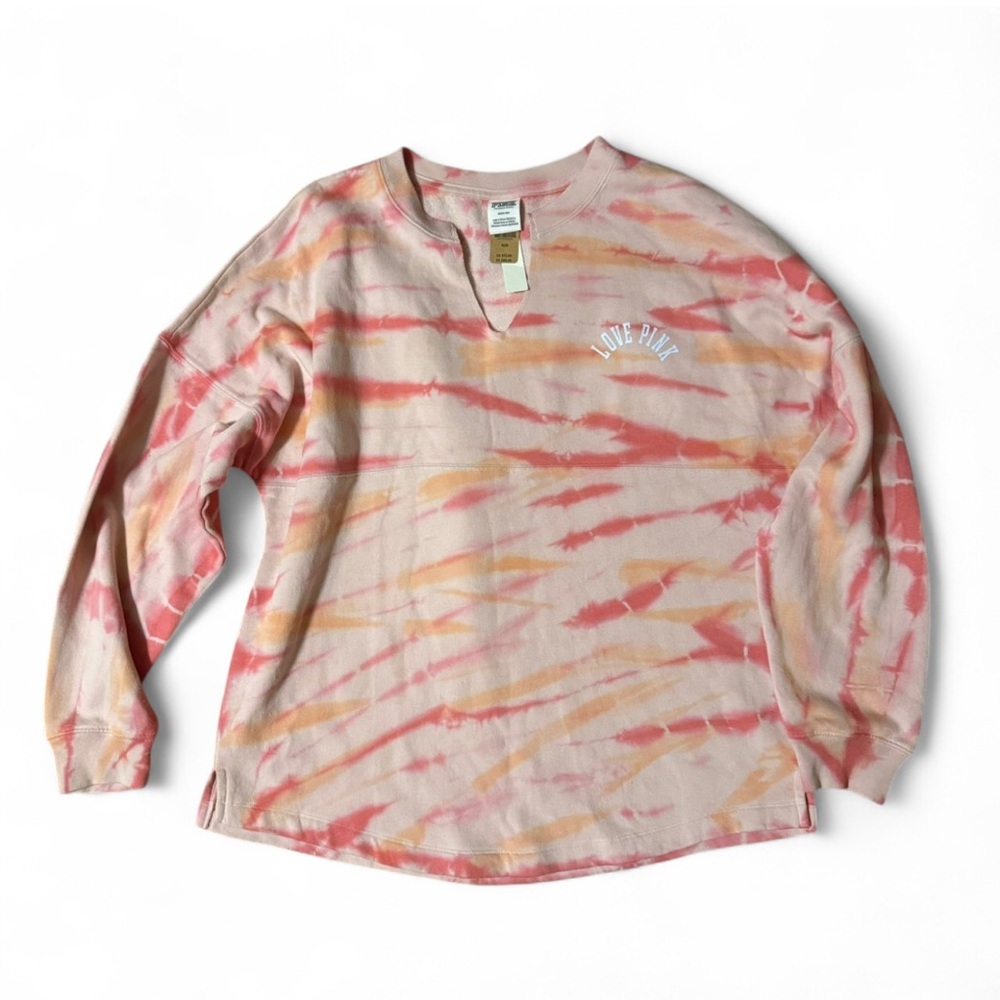 NWT Victoria’s Secret PINK Varsity Notch Crew Sweater - Size M - Coral Tie-Dye